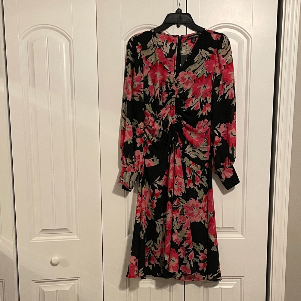 NWT Halston dress black floral, lined, size 6.